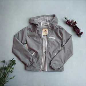 HOLLISTER Hooded Windbreaker Jacket Gray & White Size Small
